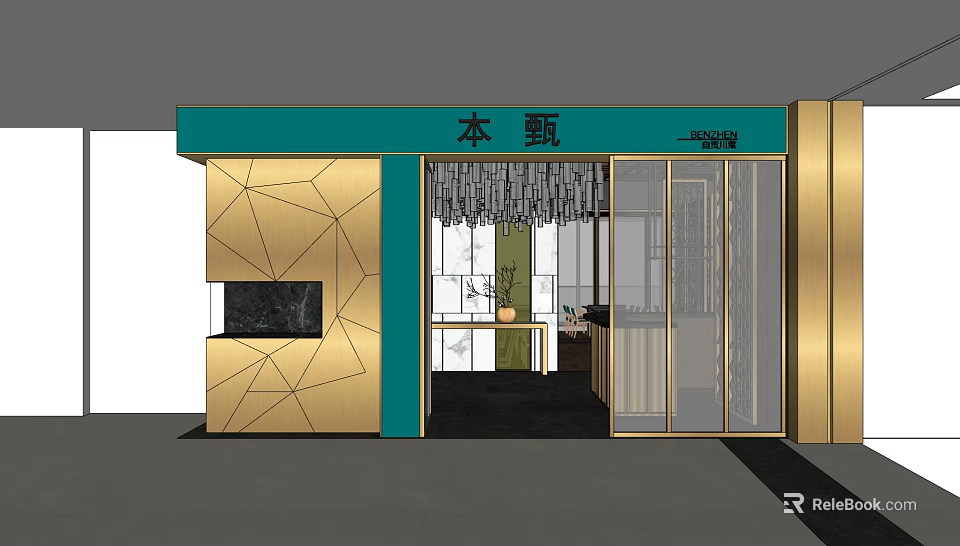 Modern Restaurant Exterior With Teal And Gold Geometric Wall Patterns Glass Doors And Chandeliers 3d model 