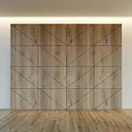 Modern Wooden Interior Wall with Geometric Triangular Patterns Black Lines and LED Strip Design 3d model
