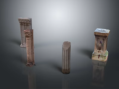 Classical Decorative Columns with Various Carved Details Different Capitals and Reflective Base 3d model