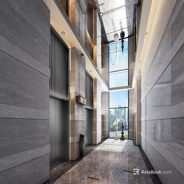 Luxurious Modern Elevator Hallway With Gray Stone Walls Glass Windows And Recessed Lighting 3d model 
