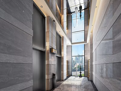 Luxurious Modern Elevator Hallway With Gray Stone Walls Glass Windows And Recessed Lighting 3d model