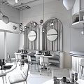 Modern Restaurant Interior With Circular Mirrors Pendant Lights Booth Seating And Round Dining Tables