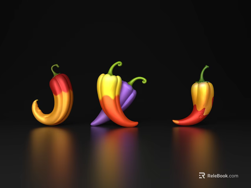 Vibrant Colorful Chili Peppers In Various Hues On Black Background With Reflections 3d model 