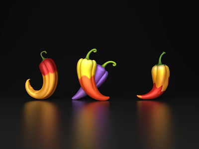 Vibrant Colorful Chili Peppers In Various Hues On Black Background With Reflections 3d model