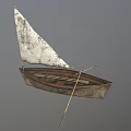 Weathered Wooden Sailboat With White Sail And Paddle Isolated On Gray Background