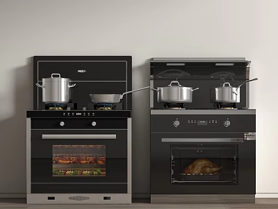 Modern Kitchen Appliances Stovetop Oven Combos With Pots Pans Roast Chicken Baked Food 3d model