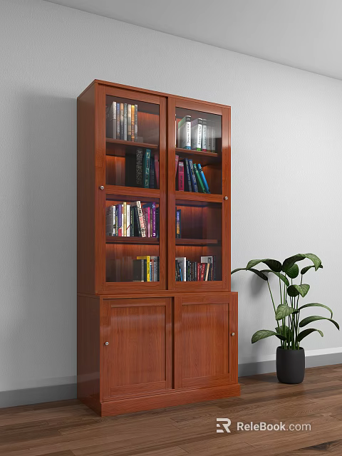 Wooden Bookcase With Glass Doors And Shelves Filled With Books And Green Plant 3d model 