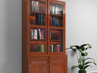 Wooden Bookcase With Glass Doors And Shelves Filled With Books And Green Plant 3d model
