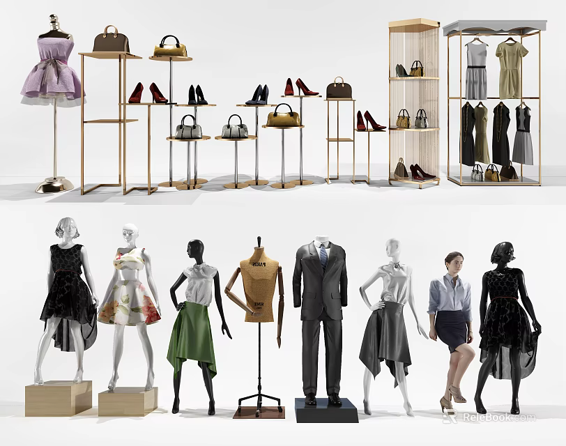 Mannequins Display Fashion Clothing Bags And Shoes On Retail Display Racks With Accessories 3d model 