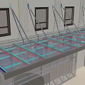 Modern Building Entrance Awning With Metal Frame And Colorful Beams Over Glass Doors