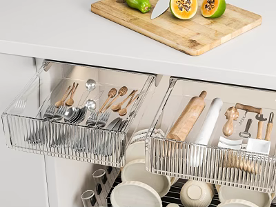 Organized Kitchen Interior With Open Drawers And Utensil Storage Cutting Board And Fresh Fruits 3d model