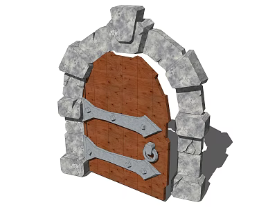 Building Exterior Wall with Rustic Stone Arch Wooden Door and Metal Hinges 3d model
