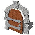 Building Exterior Wall with Rustic Stone Arch Wooden Door and Metal Hinges