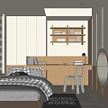 Modern Tatami Bedroom Interior With Bed Desk Bookshelf White Cabinet And Chair