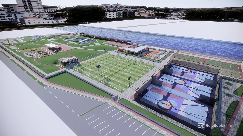 Waterfront Landscape Design With Green Lawns Sports Fields And Recreational Facilities 3d model 