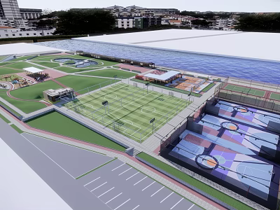 Waterfront Landscape Design With Green Lawns Sports Fields And Recreational Facilities 3d model