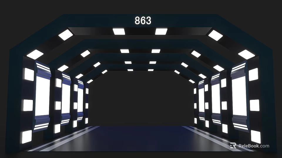 Modern Event Passage with Ceiling Lights Side Structures and Blue Floor 863 3d model 