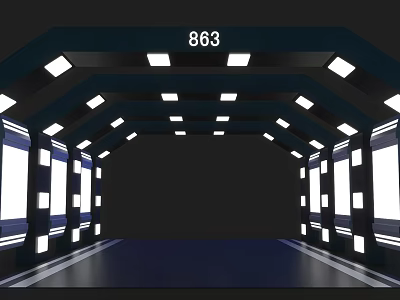 Modern Event Passage with Ceiling Lights Side Structures and Blue Floor 863 3d model