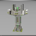 Modern Architectural Design Featuring Central Tower With Surrounding Multi story Buildings And Green Accents