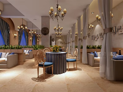 Elegant Modern Bar Interior Design With Chandeliers Round Tables And Comfortable Sofas 3d model