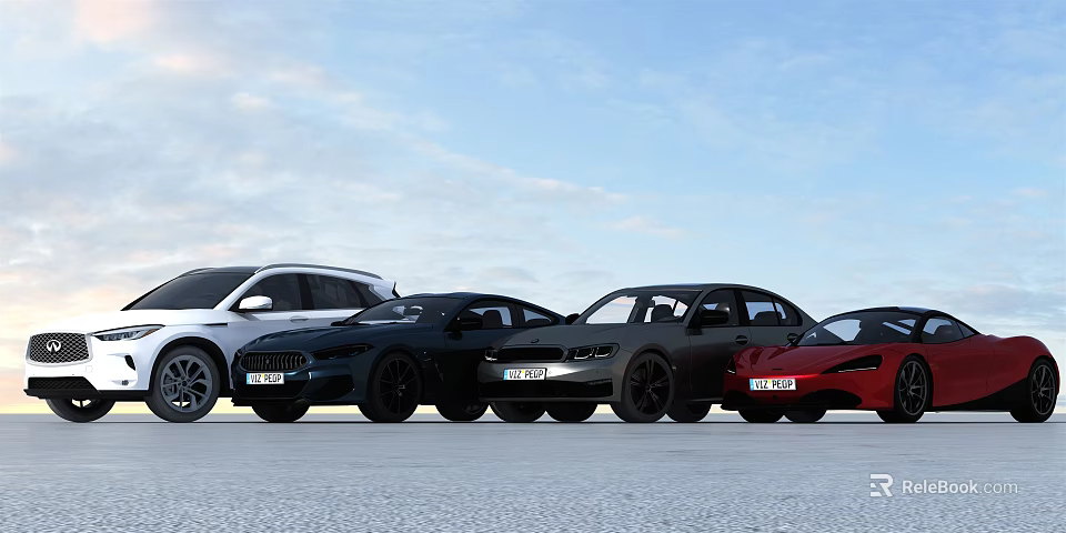 Different Colored Cars Parked In Open Area Under Clear Blue Sky 3d model 