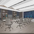 Modern Meeting Room Interior With Ergonomic Chairs Large Table Display Screen And Bookshelves