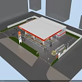 Gas Station Aerial View With Red Yellow Canopy Fuel Pumps And Fuel Truck