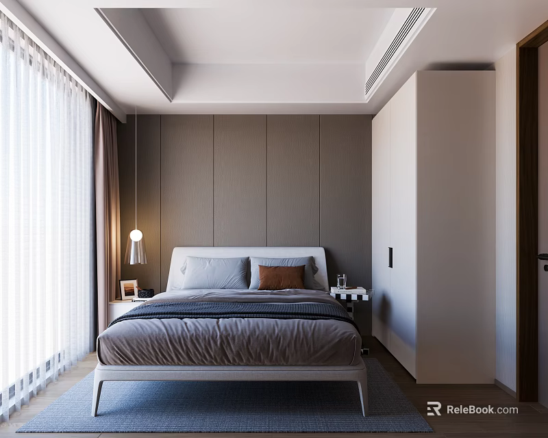 Modern Minimalist Bedroom Interior With Gray Bed Table Lamp Nightstand And White Curtains 3d model 