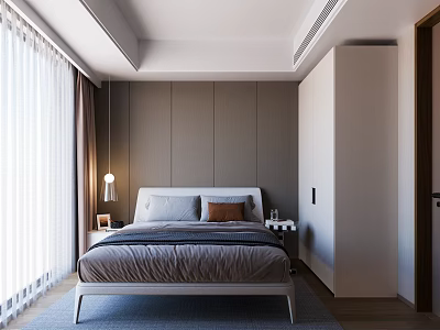 Modern Minimalist Bedroom Interior With Gray Bed Table Lamp Nightstand And White Curtains 3d model