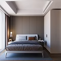 Modern Minimalist Bedroom Interior With Gray Bed Table Lamp Nightstand And White Curtains