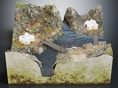 Mountain River Scene With Wooden Bridge White Houses Grass And Rocks 3d model