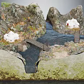 Mountain River Scene With Wooden Bridge White Houses Grass And Rocks