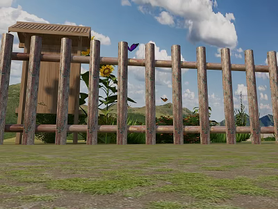 Rustic Wooden Fence With Small Shed Sunflowers Butterflies And Distant Mountains 3d model