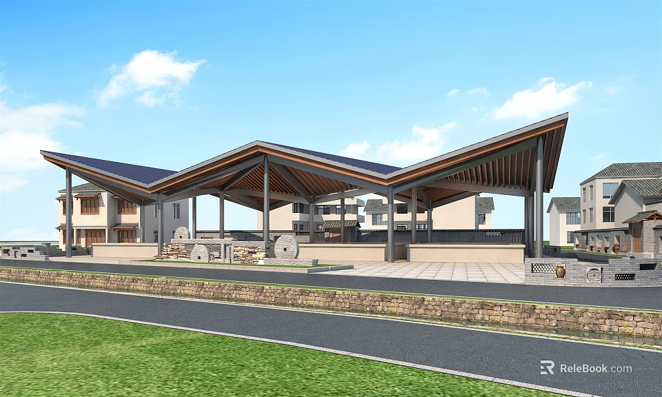Public Building With Large Sloped Wooden Roof Open Area Grass Road Blue Sky White Clouds 3d model 