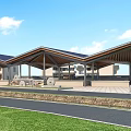 Public Building With Large Sloped Wooden Roof Open Area Grass Road Blue Sky White Clouds