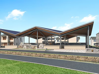 Public Building With Large Sloped Wooden Roof Open Area Grass Road Blue Sky White Clouds 3d model