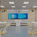 School Classroom Interior With White Student Desks Podium Large Screens And Wooden Walls