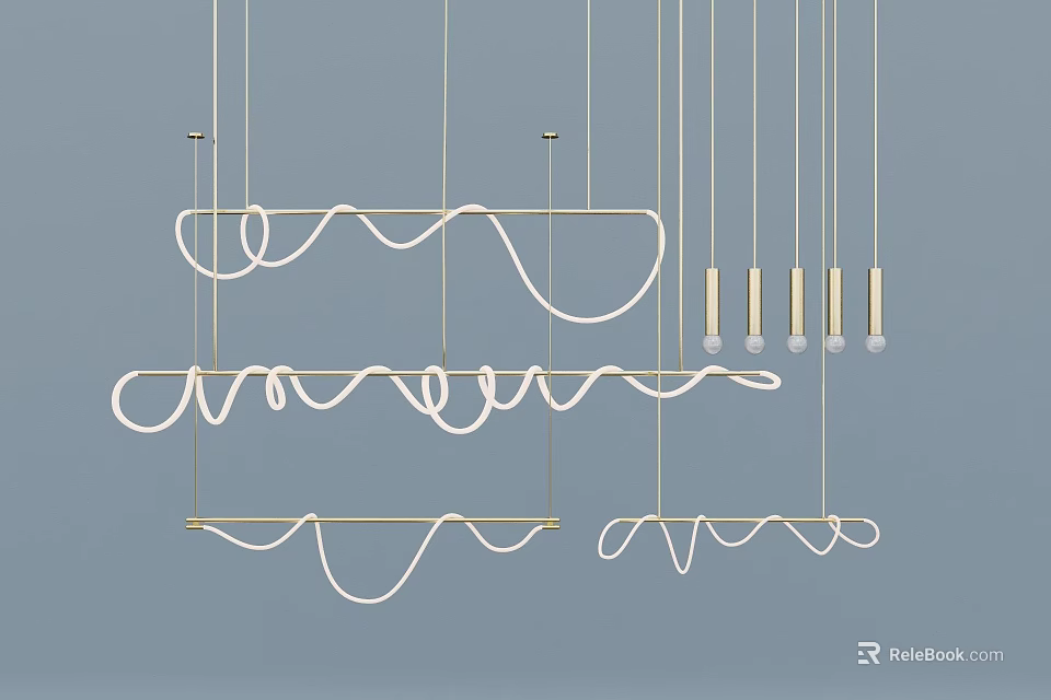 Modern Curved Metal Chandelier Design With Sleek Hanging Lines And Artistic Shapes 3d model 