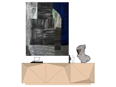 Geometric Beige Cabinet With Decorative Sculpture And Abstract Collage Background 3d model