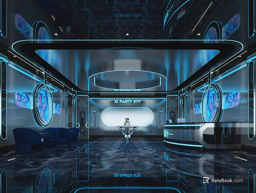 Hi Tech Modern KTV Interior With Colorful LED Lighting And Comfortable Seating 3d model 