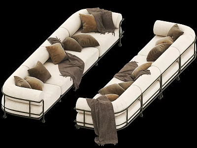 White Sectional Sofa with Brown Cushions and Gray Throw Blankets and Metal Legs 3d model