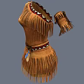 Traditional Brown One Shoulder Fringed Clothing With Arm Cuff Belt Colorful Patterns And Blue Feather