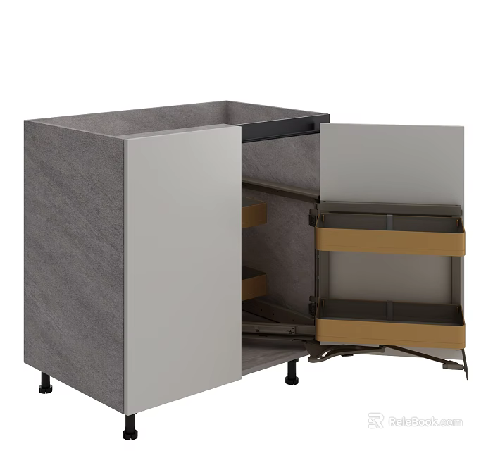 Modern Kitchen Cabinet With Gray White Panels Open Door And Pull Out Drawers 3d model 