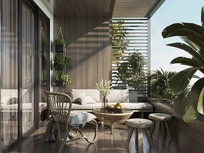 Cozy Home Balcony With Wicker Chair Daybed Cushions And Lush Green Plants 3d model