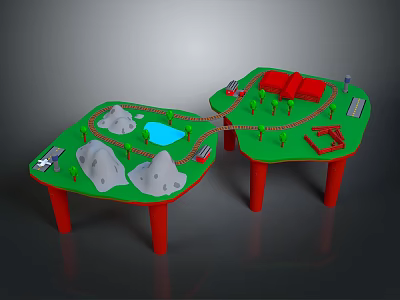 Children's Play Table With Green Surfaces Red Legs Train Track Hills Pool And Red Blocks 3d model