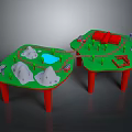 Children's Play Table With Green Surfaces Red Legs Train Track Hills Pool And Red Blocks