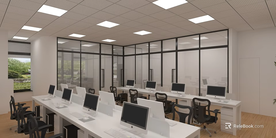 Modern Public Office Space With White Desks Multiple Computers And Glass Partitions 3d model 