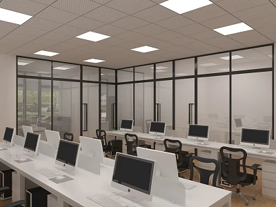 Modern Public Office Space With White Desks Multiple Computers And Glass Partitions 3d model