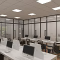 Modern Public Office Space With White Desks Multiple Computers And Glass Partitions