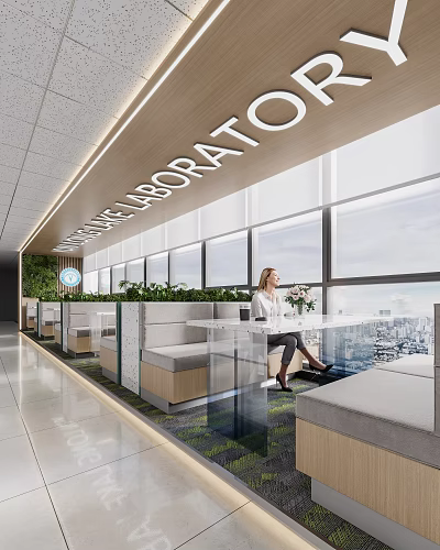 Modern Café Interior Design With Large Windows City View Green Plants And Seating Area 3d model